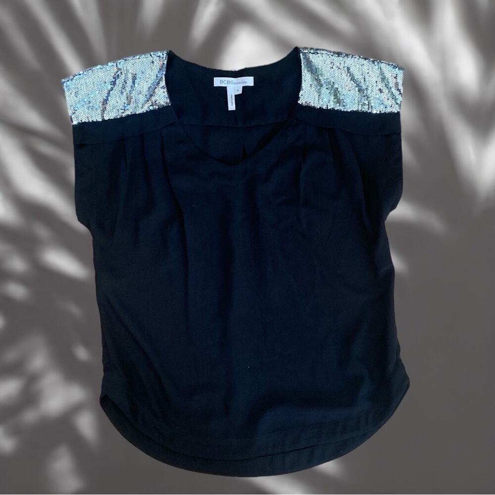 BCBGENERATION black blouse with silver sequin shoulders